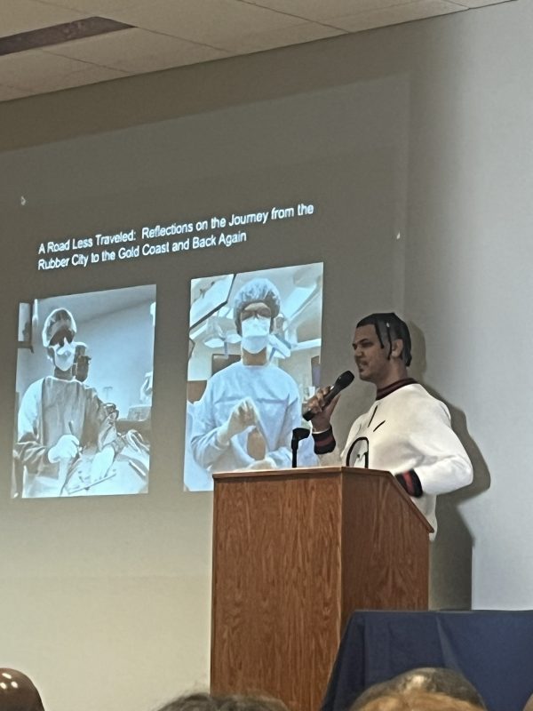 Dr. Aaron Palmer speaks at Tiretown Scholarship Banquet at Firestone Country Club